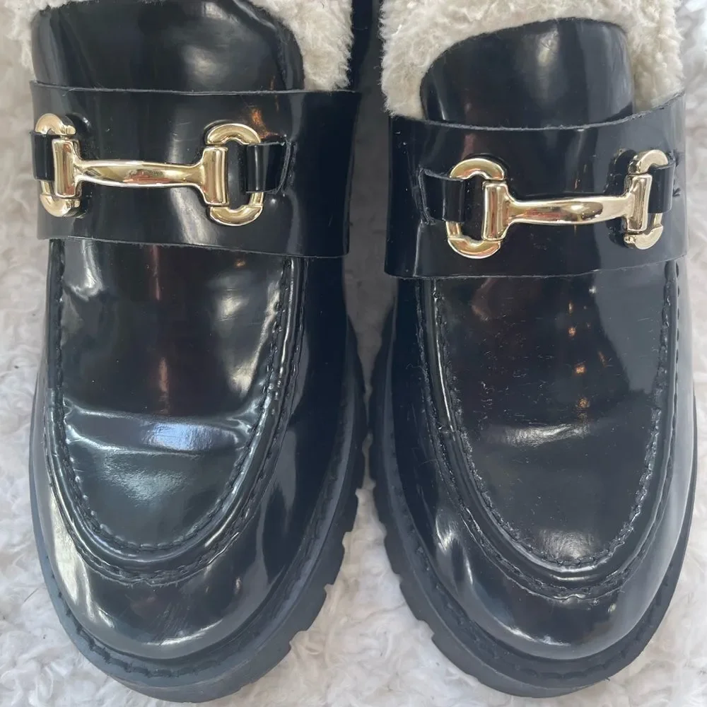 Steve Madden synthetic black Patent Chunky lug loafers bit buckle accent SZ11M